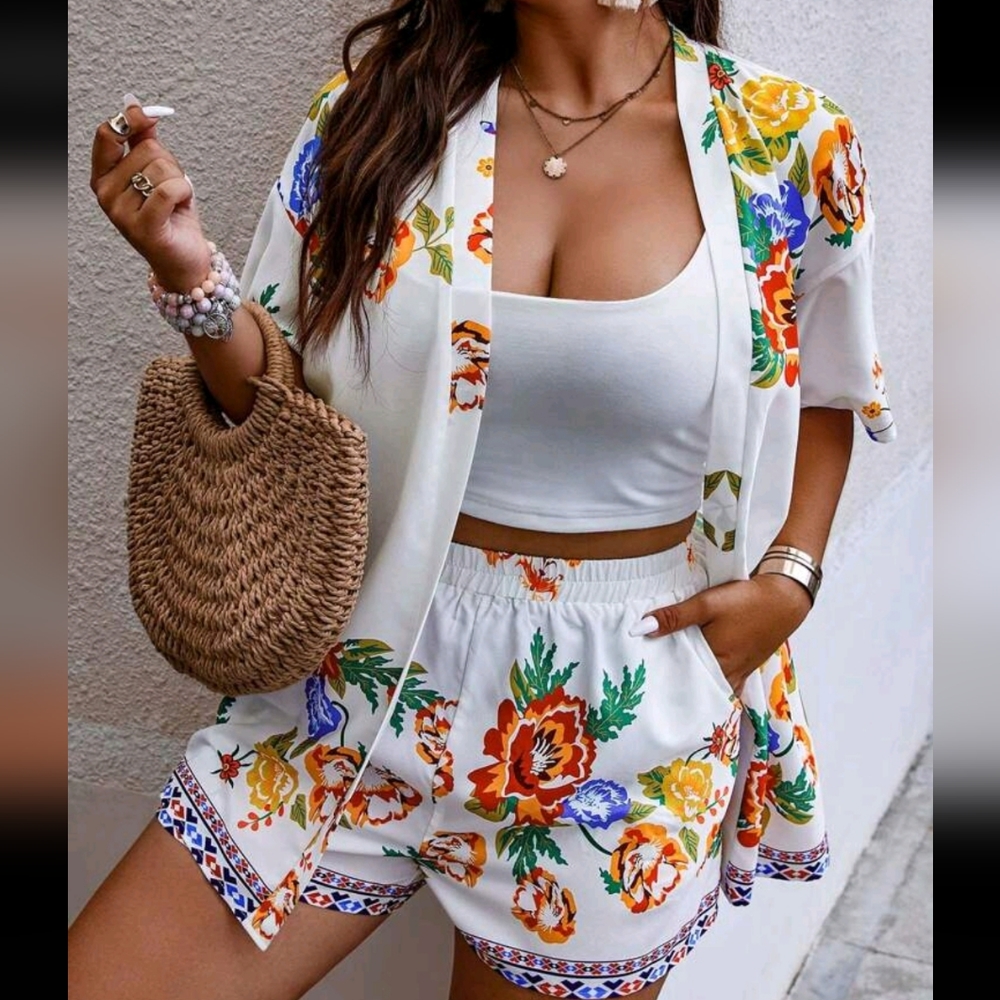 Plus Floral Print Kimono Top Shirt Blouse Shorts Set WITHOUT CAMI